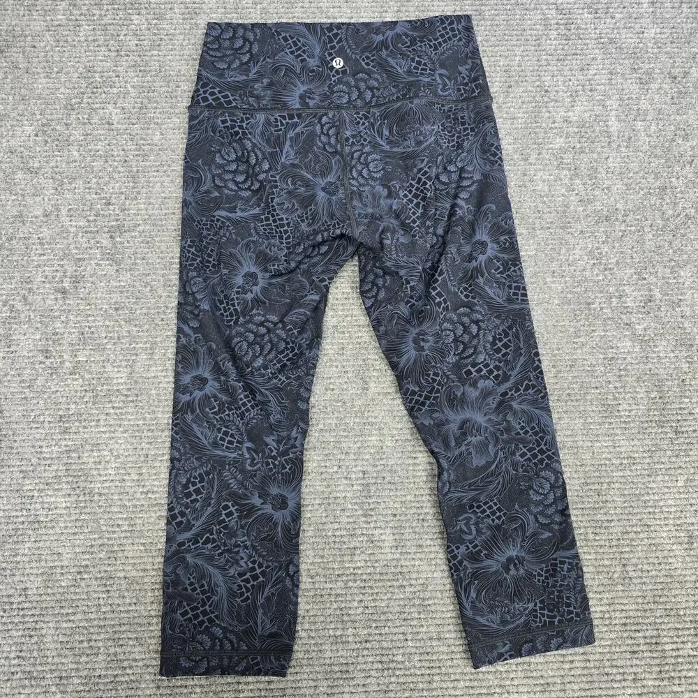 Lululemon Wunder Under Crop Womens 8 Nouveau Mach Blue Black Floral 21